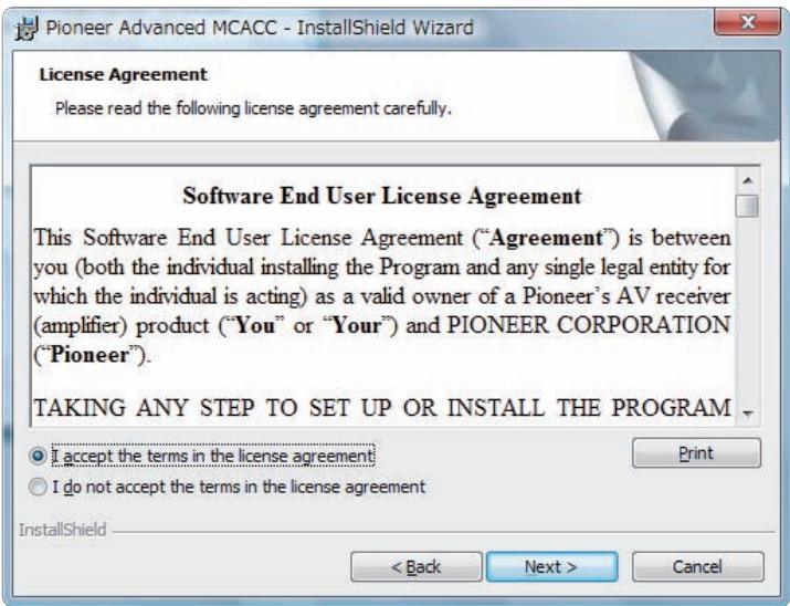 PIONEER SC-LX82 - (Si vous acceptez les termes du contrat de licence), Sélectionnez "I accept the terms in the license agreement", puis Sélectionnez "Next". - 1