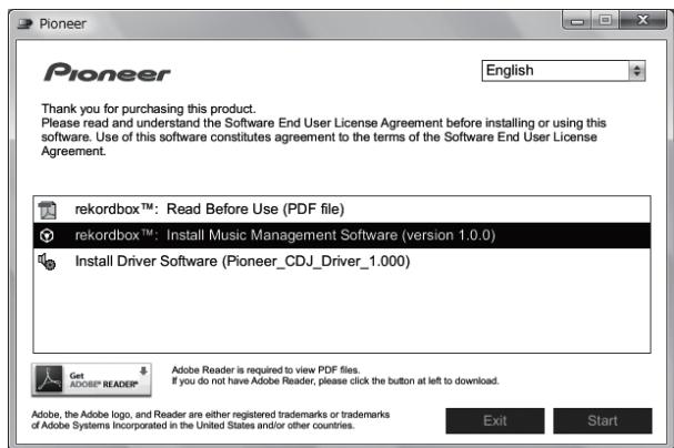 PIONEER CDJ-350 - When the CD-ROM's menu is displayed, select [rekordbox: Install Music Management Software], then click [Start]. - 2