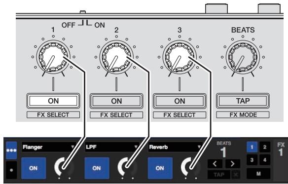 PIONEER DDJ-SR - Actionnez la commande de paramétrage d'effet 1 pour ajuster le paramètre du premier effet. - 1