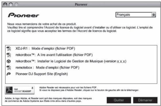PIONEER XDJ-R1 - Lorsque le menu du CD-ROM apparaît, sélectionnez [rekordbox: Installer le Logiciel de Gestion de Musique], puis cliquez sur [Démarrer]. - 1