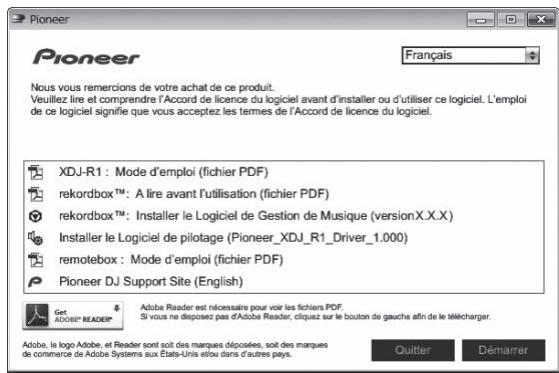 PIONEER XDJ-R1 - Lorsque le menu du CD-ROM apparaît, sélectionnez [rekordbox: Installer le Logiciel de Gestion de Musique], puis cliquez sur [Démarrer]. - 1