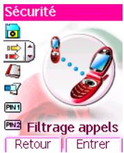 Sécurité PIN 1 PIN2 Filtrage appels Retour Entrer
