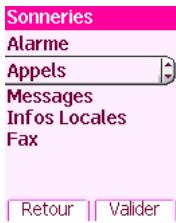 Sonneries Alarme Appels Messages Infos Locales Fax Retour Valider