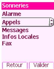 Sonneries Alarme Appels Messages Infos Locales Fax Retour Valider