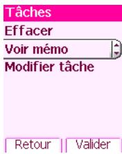 Tâches Effacer Voir mémo Modifier tâche Retour Valider