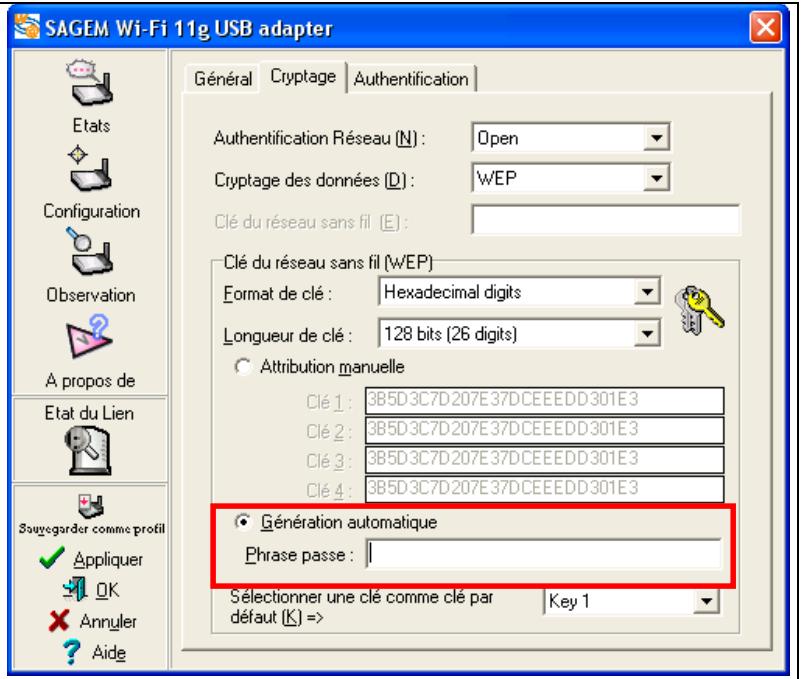 SAGEM WL167G DONGLE WIFI - Génération des clés WEP à partir d'une phrase de passe - 1