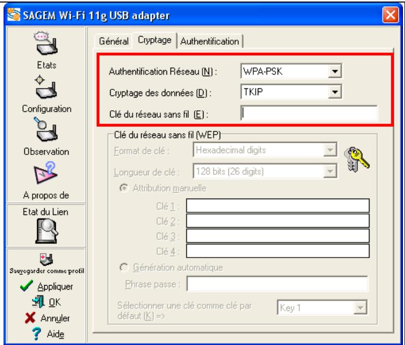 SAGEM WL167G DONGLE WIFI - 2.2) Cas du cryptage WPA-PSK : - 1