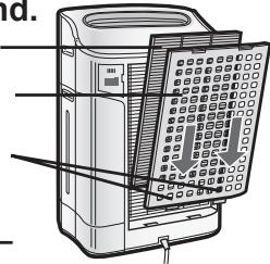 SHARP KC-850E - Setzen Sie die beiden unteren Laschen der Rückwand (links und rechts) in die klinen Öffnungen des Geräts ein und schiben Sie den auswaschbaren Desodorierungsfilter zwischen den HEPA-Filter und die Rückwand. - 1