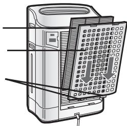 SHARP KC-850E - Insert the Back Panel's 2 bottom tabs (left and right) into the small holes in the unit, and slide the Washable Deodorizing Filter between the HEPA Filter and the Back Panel. - 1
