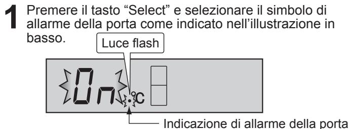 1 Premere il tasto "Select" e selezionare il simbolo di allarme della porta come indicato nell'illustrazione in basso. Luce flash On °C Indicazione di allarme della porta