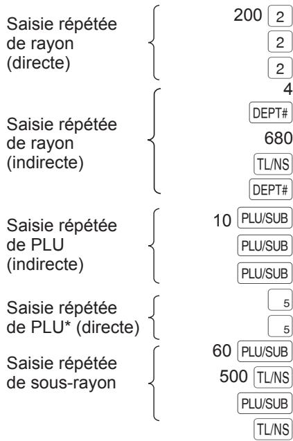 Saisie répétée de rayon (directe) 200 2 2 2 4 DEPT# 680 TL/NS DEPT# Saisie répétée de rayon (indirecte) 10 PLU/SUB PLU/SUB PLU/SUB Saisie répétée de PLU* (directe) 5 5 60 PLU/SUB 500 TL/NS PLU/SUB TL/NS Saisie répétée de sous-rayon
