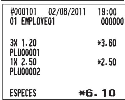 #000101 02/08/2011 19:00 01 EMPLOYE01 000000 3X 1.20 *3.60 PLU00001 1X 2.50 *2.50 PLU00002 ESPECES *6.10