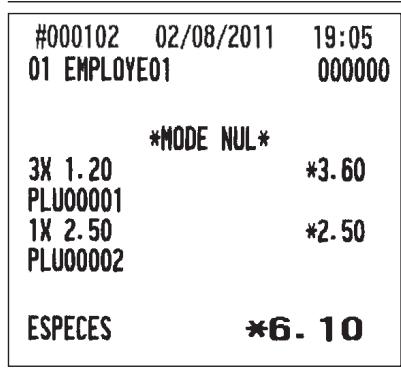 #000102 02/08/2011 19:05 01 EMPLOYE01 000000 *MODE NUL* 3X 1.20 *3.60 PLU00001 1X 2.50 *2.50 PLU00002 ESPECES *6.10
