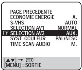 PAGE PRECEDENTE ECONOMIE ENERGIE A. S-VHS AUTO SELECTION AV1 NORMAL F SELECTION AV2 AUX. SYST. COULEUR PAL/NTSC TIME SCAN AUDIO M. [▲▼] → ⬊ [MENU] : SORTIE