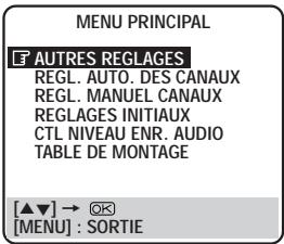 MENU PRINCIPAL AUTRES REGLAGES REGL. AUTO. DES CANAUX REGL. MANUEL CANAUX REGLAGES INITIAUX CTL NIVEAU ENR. AUDIO TABLE DE MONTAGE [▲▼] → [OK] [MENU] : SORTIE