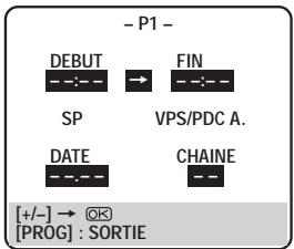 - P1 - DEBUT FIN SP VPS/PDC A. DATE CHAINE [+/-] → OK [PROG] : SORTIE