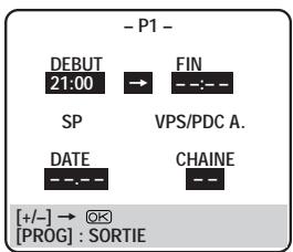 - P1 - DEBUT 21:00 → FIN SP VPS/PDC A. DATE CHAINE [+/-] → OK [PROG] : SORTIE