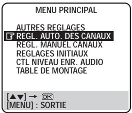 MENU PRINCIPAL AUTRES REGLAGES REGL. AUTO. DES CANAUX REGL. MANUEL CANAUX REGLAGES INITIAUX CTL NIVEAU ENR. AUDIO TABLE DE MONTAGE [▲▼] → ⏻ [MENU] : SORTIE