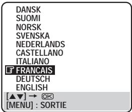 DANSK SUOMI NORSK SVENSKA NEDERLANDS CASTELLANO ITALIANO FRANÇAIS DEUTSCH ENGLISH [▲▼] → ⚙ [MENU] : SORTIE