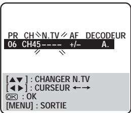 PR CH\N.TV\ AF DECODEUR 06 CH45 --- +/- A. [▲▼] : CHANGER N.TV [◀▶] : CURSEUR ←→ OK : OK [MENU] : SORTIE