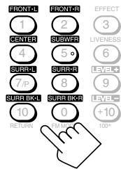 FBONT-L 1 CENTER 2 SUBWFR 3 LIVENESS 4 SURR 5 SURR 6 LEVEL+ 7/P 8 SURR BK-L 9 SURR BK-R 10 0 LEVEL- +10 RETURN PUMBER EFFECT 3