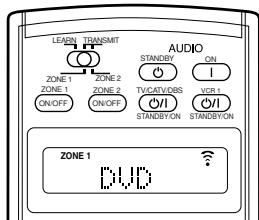 LEARN TRANSMIT ZONE 1 ZONE 2 ON/OFF ON/OFF AUDIO STANSDY ON TVCAT/ONS VCL1 STANDBY ON STANDBY ON ZONE 1 DVD
