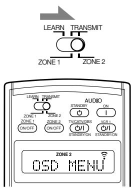 LEARN TRANSMIT ZONE 1 ZONE 2 LEARN TRANSMIT ZONE 1 ZONE 2 ZONE 1 ZONE 2 ON/OFF ON/OFF AUDIO STANDBY ON I TVCATVDRS VCR1 STANDBYON STANDBYON ZONE 2 OSD MENU