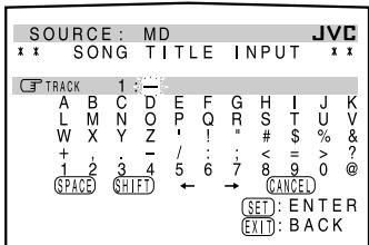 SOURCE: MD SONG TITLE INPUT TRACK 1 :— A B C D E F G H I J K L M N O P Q R S T U V W X Y Z ' ! " # $ % & + - / : : < = > ? 1 2 3 4 5 6 7 8 9 0 @ SPACE SHIFT ← → CANCEL SET: ENTER EXIT: BACK