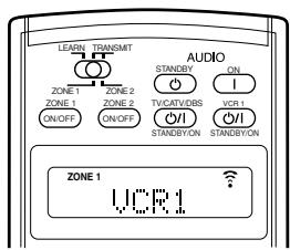 LEARN TRANSMIT ZONE 1 ZONE 2 ON/OFF ON/OFF AUDIO STANDBY ON TVCATVONS VCR1 STANDBYON STANDBYON ZONE 1 VCR1