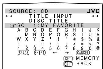 SOURCE : CD * * TITLE INPUT * * DISC TITLE SC 1 : MY FAVORITE A B C D E F G H I J K L M N O P Q R S T U V W X Y Z ' ! " # $ % & + - / : < = > ? 1 2 3 4 5 6 7 8 9 0 @ SPACE SHIFT → CANCEL SET: MEMORY EXIT: BACK