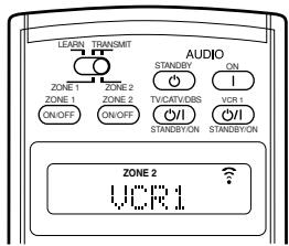 LEARN TRANSMIT ZONE 1 ZONE 2 ON/OFF ON/OFF AUDIO STANDBY ON TVCATVENS VCR 1 STANDBYON STANDBYON ZONE 2 VCR1