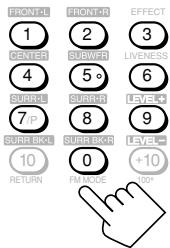 FRONTOR 1 CENTER 2 SUBWR 3 LIVENESS 4 SURSEL 5 SUBERS 6 LEVEL+ 7/P 8 SURVECK 9 SURVECK 10 RETURN 0 FM MODE LEVEL- +10 100*