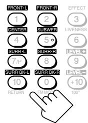 FRONTAL 1 CENTER 2 SUBWFR 3 LIVENESS 4 SURR 5 SURR 6 LEVEL# 7/P 8 SURR BK-L 9 SURR BK-R 10 0 LEVEL- +10 RETURN PUMBER EFFECT 100°