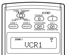 LEARN TRANSMIT AUDIO ZONE 1 ZONE 2 STANDBY ON ZONE 1 ZONE 2 TVCATVORS VCR 1 ON/OFF ON/OFF STANDBYON STANDBYON ZONE 1 UCR1