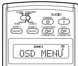 LEARN TRANSMIT AUDIO ZONE 1 ZONE 2 STANDBY ON ZONE 1 ZONE 2 TV/CAT/V/BS V/CL ON/OFF ON/OFF ON/OFF STANDBY ON STANDBY ON ZONE 2 OSO MENU