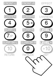 FRONT+L 1 CENTER 2 SURVER 3 LIVENESS 4 SUGREL 5 SUBPER 6 LEVEL+L 7/P SURVELE 8 LEVEL-LE 9 10 RETURN 0 FM MODE +10 08+