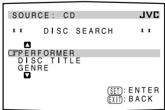 SOURCE: CD JVC x x DISC SEARCH x x CF PERFORMER DISC TITLE GENRE SET: ENTER EXIT: BACK