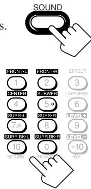 SOUND FRONT-L 1 CENTER 4. SUBR-L 7.0 SURR-BKL 10 RETURN- FRONT-B 2 SUBWR 5.0 SUBR-B 8.0 SURR-BKR 0 EFFECT 3 LIVENESS 6 LEVEL-4 9 LEVEL- +10 100*