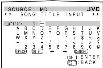 SOURCE: MD * * SONG TITLE INPUT * * TRACK 1 : - A B C D E F G H I J K L M N O P Q R S T U V W X Y Z ' ! " # $ % & + . - / : : < = > ? 1 2 3 4 5 6 7 8 9 0 @ SPACE SHIFT ← → CANCEL SET: ENTER EXIT: BACK
