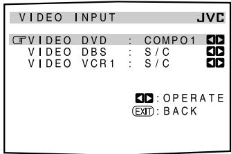 VIDEO INPUT JVC VIDEO DVD : COMPO1 VIDEO DBS : S/C VIDEO VCR1 : S/C : : OPERATE EXIT: BACK