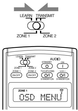 LEARN TRANSMIT ZONE 1 ZONE 2 LEARN TRANSMIT AUDIO ZONE 1 ZONE 2 STANDBY ON ZONE 1 ZONE 2 TVCATVDBS VCR+ ON/OFF ON/OFF STANDBYON STANDBYON ZONE 1 OSD MENU