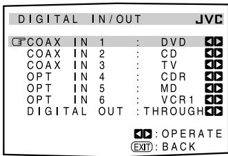 DIGITAL IN/OUT JVC COAX IN 1 : DVD COAX IN 2 : CD COAX IN 3 : TV OPT IN 4 : CDR OPT IN 5 : MD OPT IN 6 : VCR1 DIGITAL OUT : THROUGH : :OPERATE :BACK