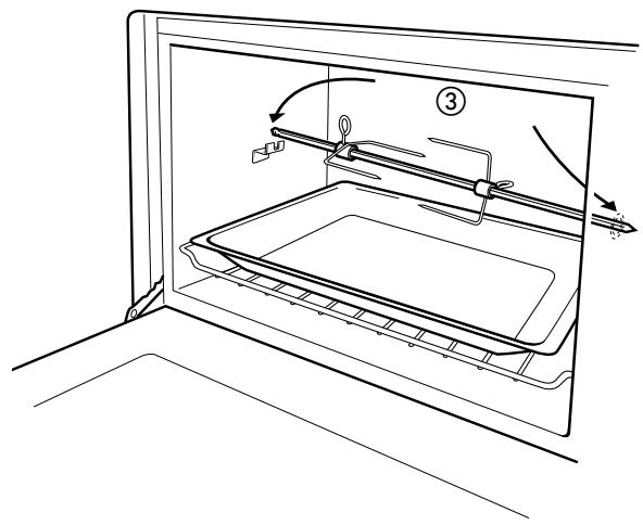Technical diagram of a kitchen oven with labeled components and directional arrows indicating motion or movement.