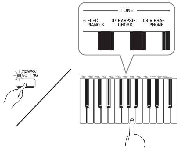 CASIO PX-800 - Tout en tenant le bouton TEMPO/SETTING enfoncé, appuyez sur la touche du clavier correspondant à la sonorité que vous voulez sélectionner. - 1