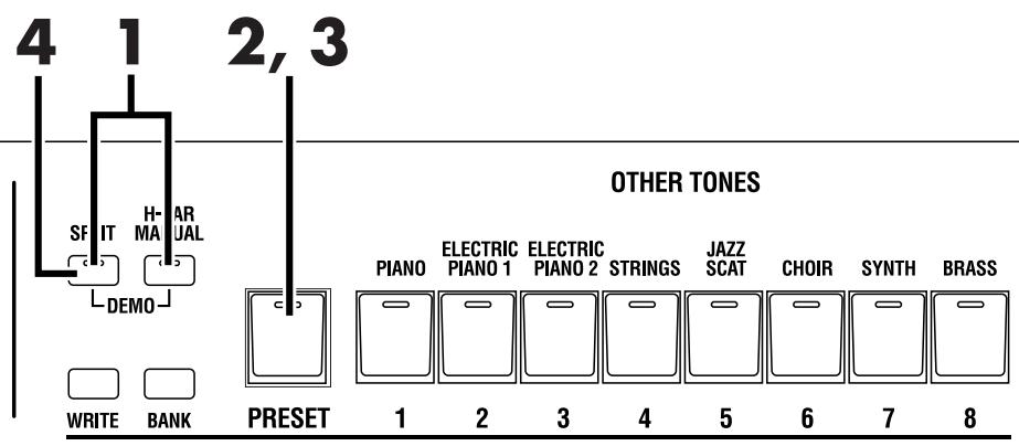 4 1 2,3 SF IT H-AR MA UAL DEMO WRITE BANK PRESET OTHER TONES PIANO ELECTRIC ELECTRIC JAZZ CHOIR SYNTH BRASS Piano PIANO 1 PIANO 2 STRINGS SCAT CHOR 1 2 3 4 5 6 7 8