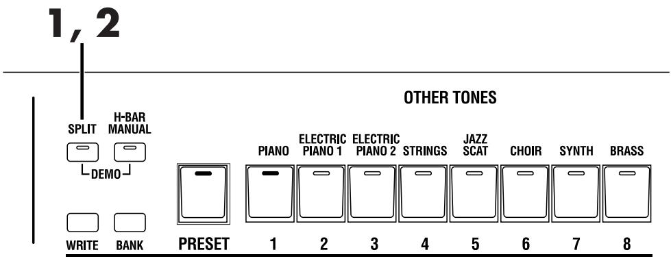 1, 2 SPLIT H-BAR MANUAL DEMO WRITE BANK OTHER TONES Piano ELECTRIC PIANO 1 ELECTRIC PIANO 2 STRINGS JAZZ SCAT CHOIR SYNTH BRASS PRESET 1 2 3 4 5 6 7 8