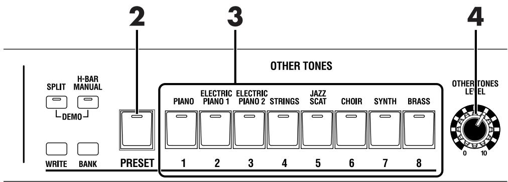 2 3 4 H-BAR SPLIT MANUAL DEMO WRITE BANK PRESET Piano ELECTRIC ELECTRIC JAZZ CHOIR SYNTH BRASS PIANO PIANO 1 PIANO 2 STRINGS SCAT CHOR 1 2 3 4 5 6 7 8 OTHER TONES OTHER TONES LEVEL 0 10