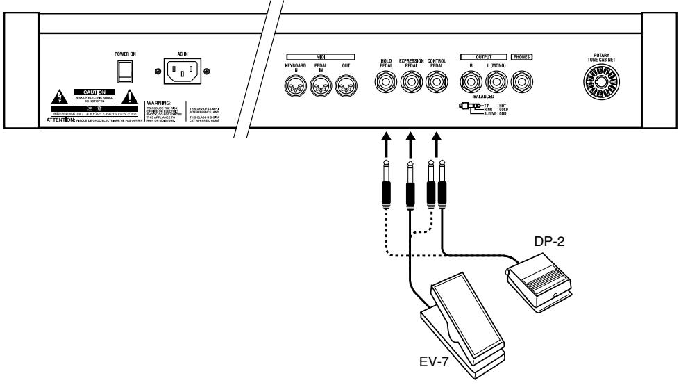 POWER ON AC IN CAUTION WARNING: ATTENTION: WIDE OR CHIC ELECTRUM OR NO DOWN HOLD PEGAL OUTPUT RUNNING ROTARY TONE CONNECT KEYBOARD IN PEAL IN HOLD PEGAL CONTROL PESAL R L (MONO) BALANCED HOT SLEEVE GND DP-2 EV-7