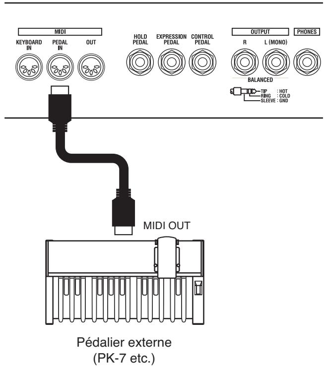 MIDI KEYBOARD IN PEDAL IN OUT HOLD PEDAL EXPRESSION PEDAL CONTROL PEDAL OUTPUT R L (MONO) PHONES BALANCED TIP : HOT RING : COLD SLEEVE : GND MIDI OUT Pédalier externe (PK-7 etc.)