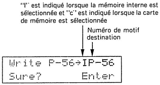 "I" est indiqué lorsque la mémoire interne est sélectionnée et "c" est indiqué lorsque la carte de mémoire est sélectionnée Numéro de motif destination Write P-56÷IP-56 Sure? Enter